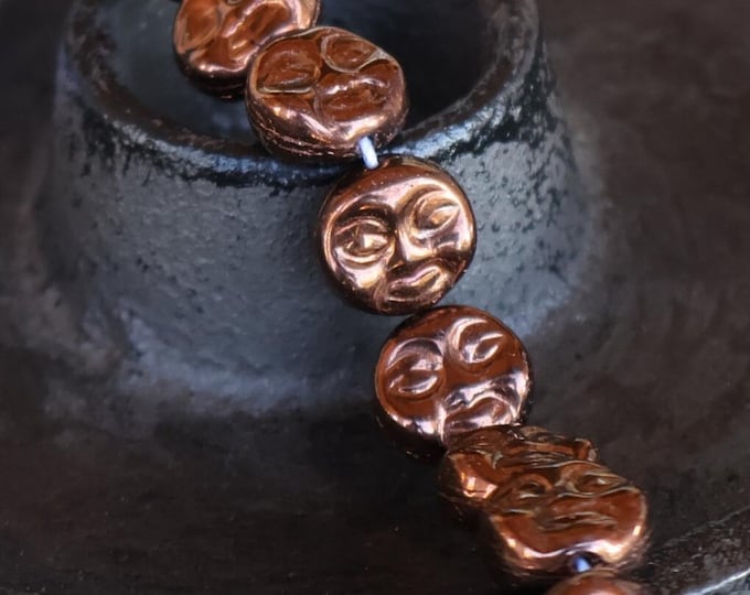 12 - 9mm Small Moon Face Bead - Czech Glass Bead - Bronze Picasso 12 - 9