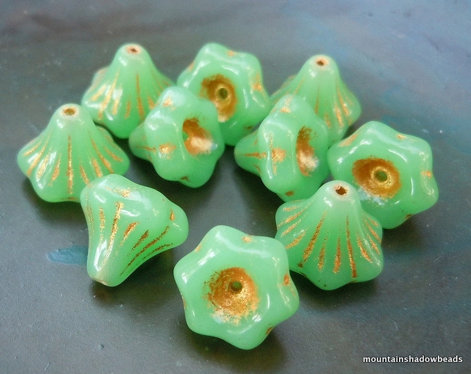 Czech Flower Beads  Czech Glass Bell Flower Beads 11mm Milky Peridot Green Beads