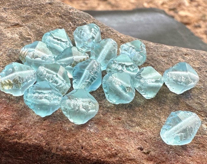 16 Matte Light Aqua Picasso Czech Glass Beads - 8x6mm Bicone Beads (BX  12 - 31)