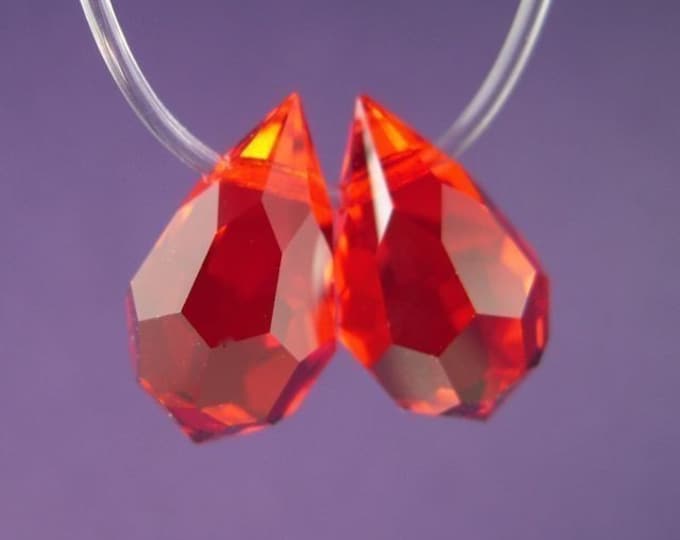 2 Large 15mm Czech Preciosa Crystal Teardrop Briolette Bead Light Siam (BX 6 - 14)