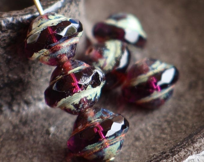 Amethyst Picasso - 6 Saturn Flying Saucer Bead - Czech Glass Beads -  8x10mm