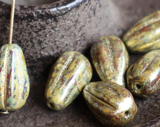 Czech Glass Beads 6 Tear Drop Beads Opaque Red Bronze Luster Picasso 13mm