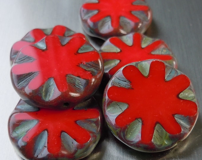 Czech Glass Beads -  18mm Opaque Red Coin - Czech Picasso Beads 6 pcs (12 - 13)