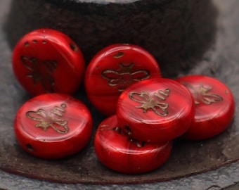 6 Czech Glass  - 12mm Bee Coin Bead - Red Velvet Bronze Picasso 12 - 9