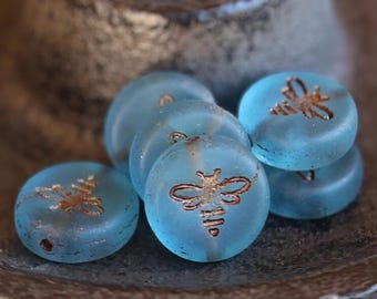 6 Czech Glass  - 12mm Bee Coin Bead - Matte Capri Blue Bronze Picasso 12 - 9