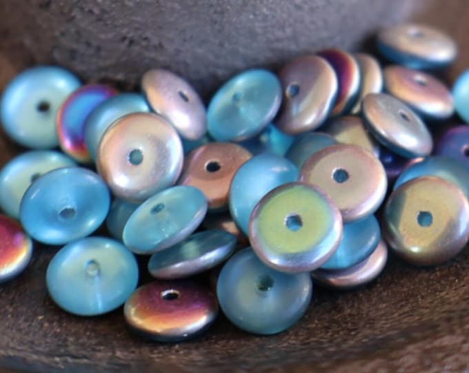 25 Czech Pressed Glass Rondell Spacer Beads 6mm Matte Aqua Vitrail (BX 9 - 30)