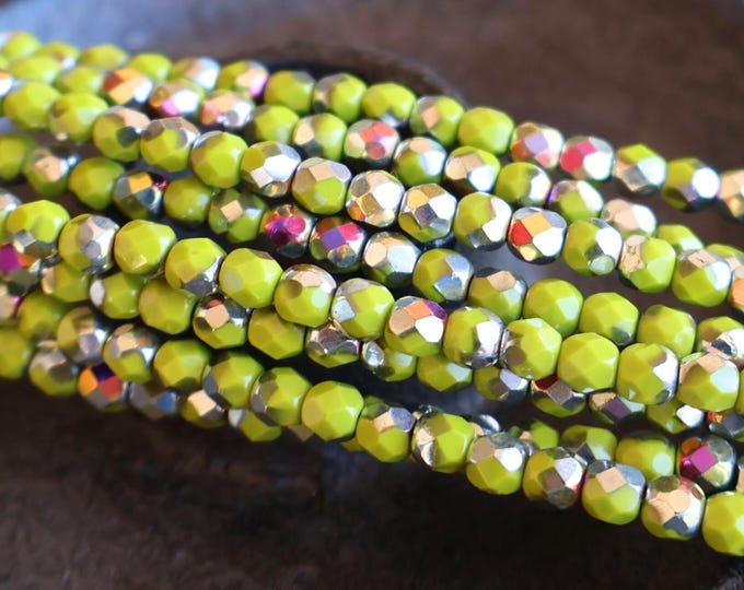 Opaque Lime Green Marea Picasso 4mm Czech Beads -  Firepolished Faceted 50 pcs