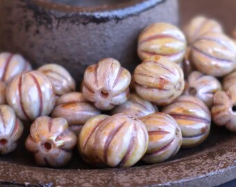 Full Strand 8mm Czech Glass Melon Beads Opaque Antique Green Luster (G - 255)