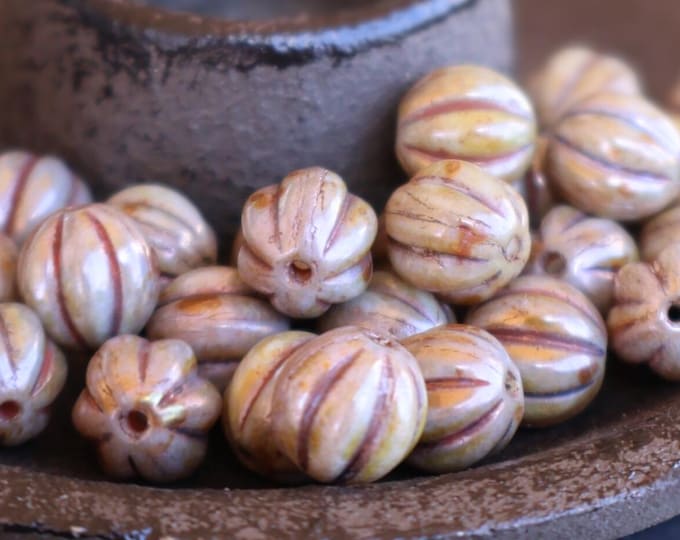 Full Strand 8mm Czech Glass Melon Beads Opaque Antique Green Luster (G - 255)