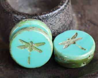 Dragonfly Bead - 17mm Czech Glass Beads - Opaque Green Turquoise Picasso - Table Cut Bead - 4 pcs 7 - 11