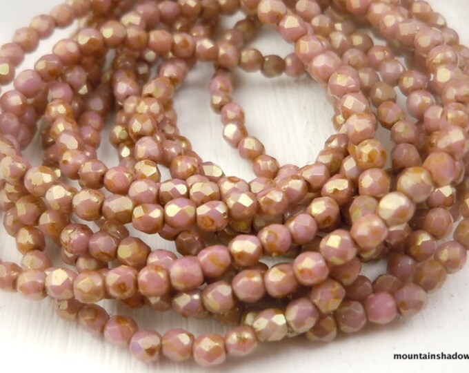 3mm Czech Glass Beads - Firepolished Faceted Opaque Rose Picasso Luster 4 - 9 Beads for Jewelry Making