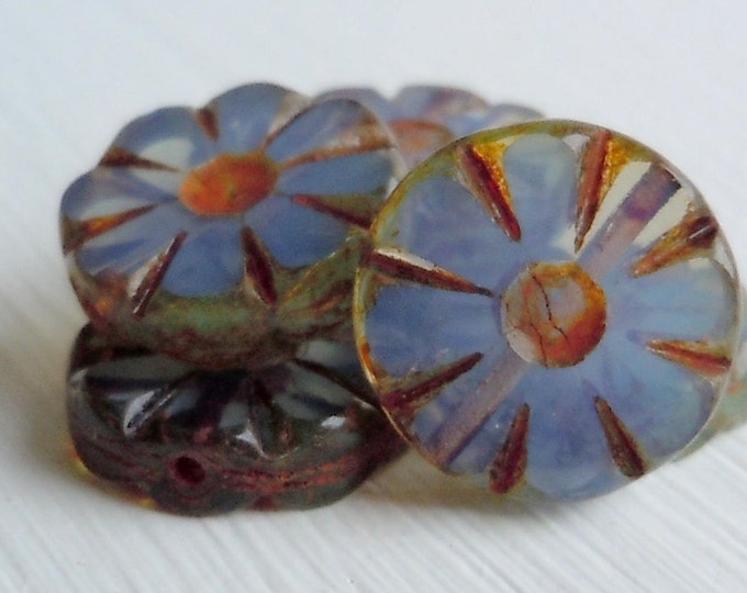 6 Czech Picasso Beads - Czech Glass Beads 13mm Coin Beads Light Milky Light Sapphire Picasso  (BX 12 - 7)