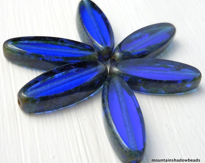 Czech Picasso Beads  Sapphire Beads  - Czech Spindle Bead 16mm  Blue (BX 9 - 5)