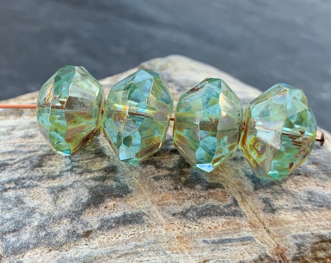 Czech Rivoli Bead - 13mm Large Aqua Picasso - Czech Glass Beads 9 - 5