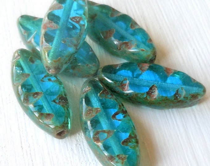 6 Czech Glass Beads - Table Cut Spindle Dark Aqua Picasso (BX 12 - 6)