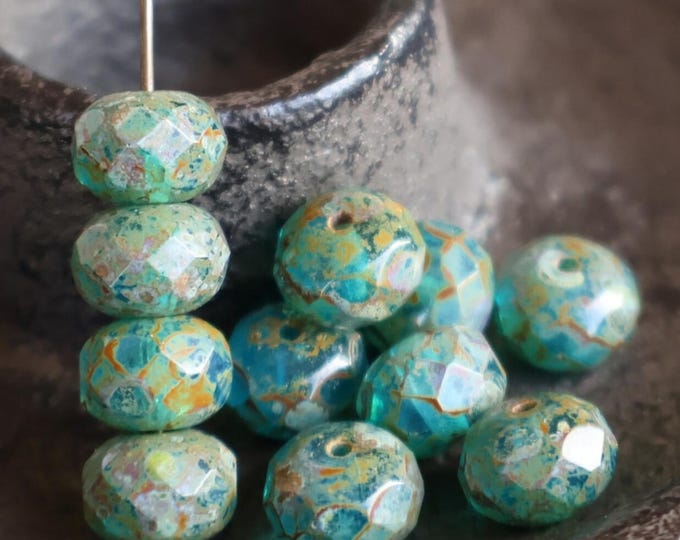 12 Czech Glass Beads 9x6mm Aqua Picasso