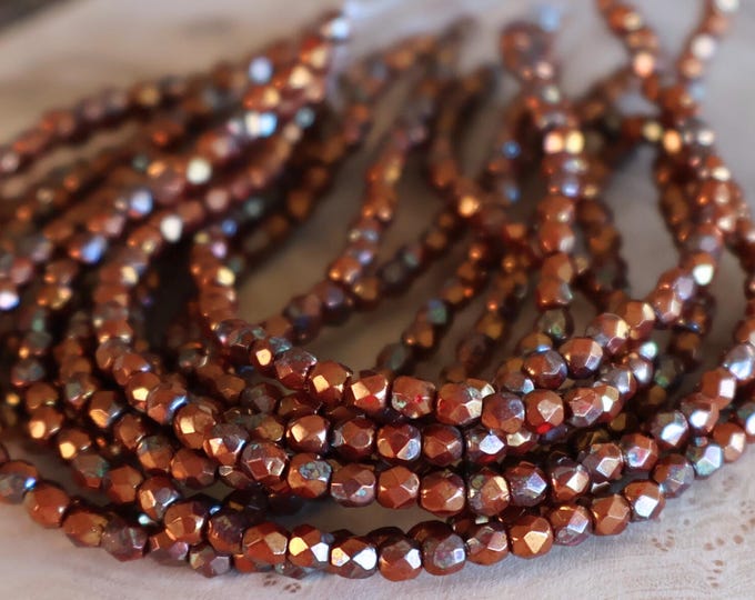 Red Bronze 3mm Czech Beads - Forged Ember - Opaque Red Faceted 50 pcs (01 - 04)