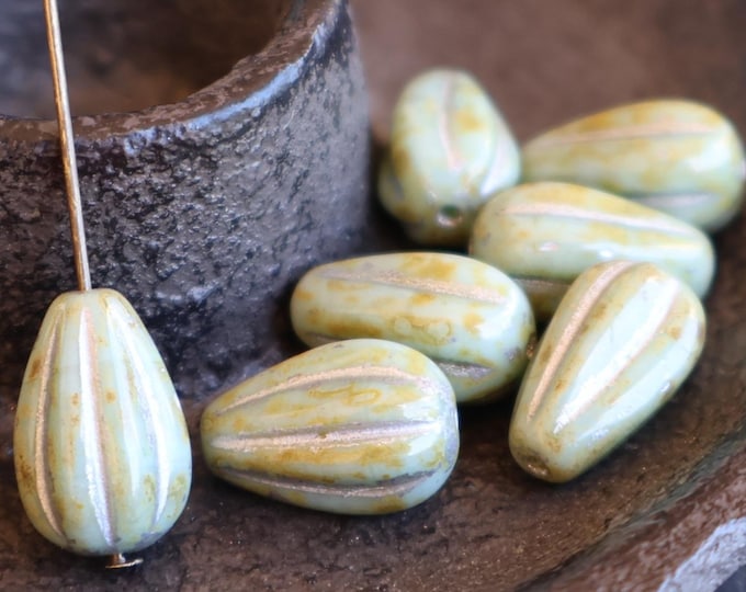 Czech Glass Beads 6 Tear Drop Beads Opaque Antique Green Luster Picasso 13mm