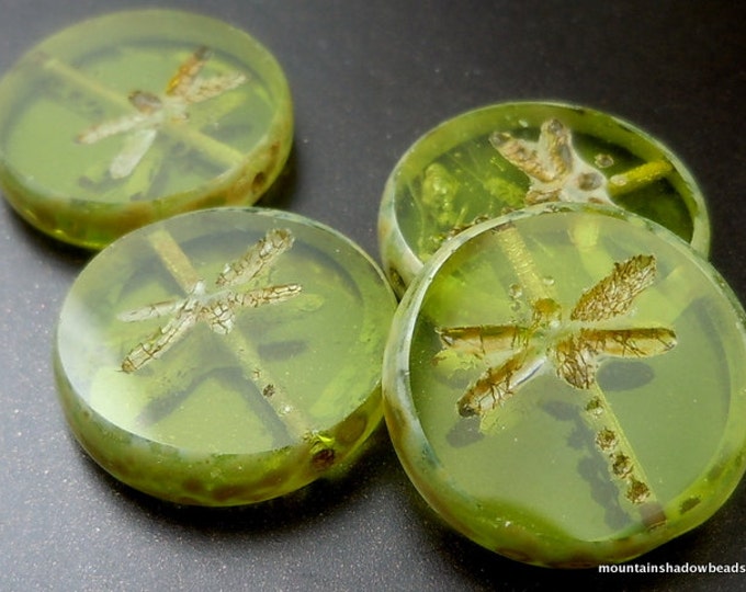 Dragonfly Bead - 17mm Czech Glass Beads - Green Picasso - Table Cut Bead - (BX 7 - 28)
