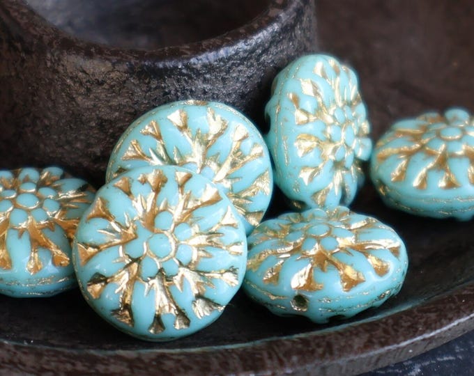 14mm Czech Glass Dahlia Beads - Opaque Turquoise Gold Picasso 12 - 9 Beads for Jewelry Making