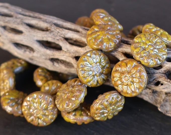 6 14mm Czech Glass Dahlia Beads -  Chartreuse Green Picasso (12 - 17)