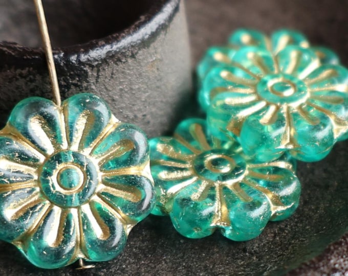 4 Czech Glass Flower Bead - 18mm Large Flower Bead - Dark Aqua Gold Luster