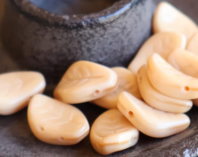 12 Opaque Beige Czech Pressed Glass Leaf Beads 15mm Butterscotch Silk