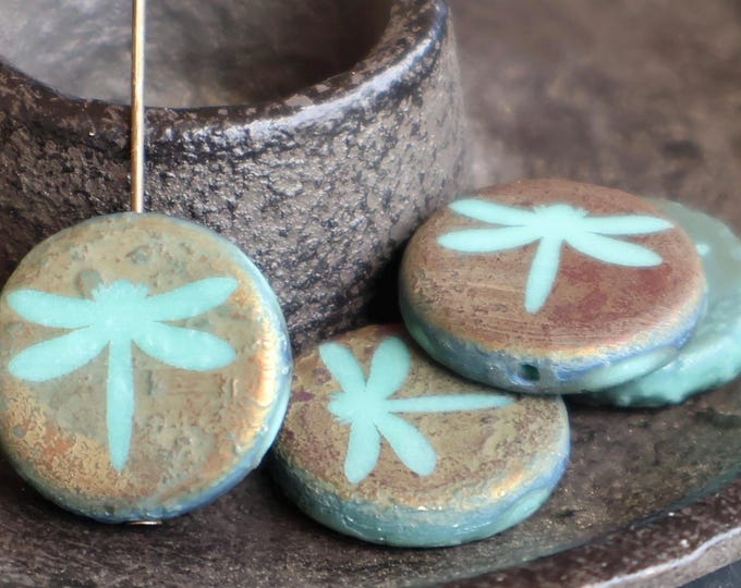 Dragonfly Bead - 16mm Czech Glass Beads -  Turquoise Picasso  Laser Etched Stone Finish 4 pcs