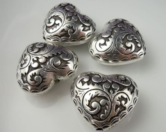 4 Large 20x18mm Metalized Plastic Heart Beads Antique Silver (9 - 30)