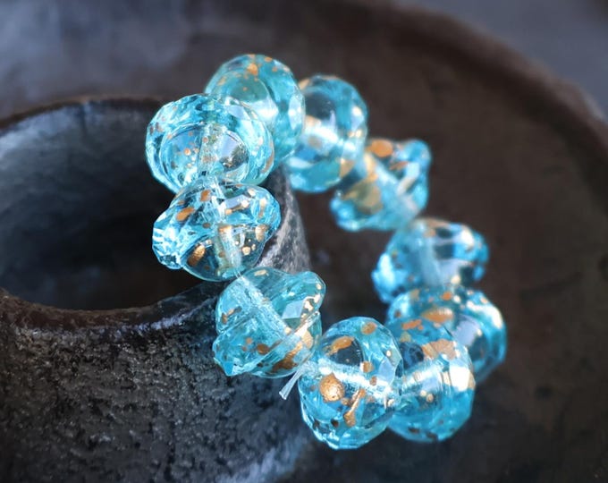 Aqua Gold Flecks Czech Glass Bead 8x10mm Saucer - 10 pcs