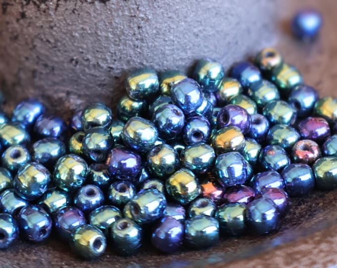 Green Czech Glass Round Druk Bead 3mm Full Strand Iris Blue 100 pc (01 - 04)