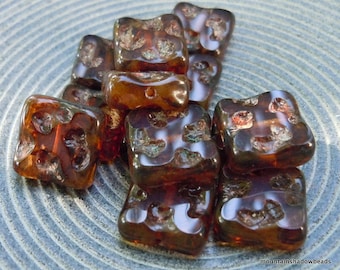 10mm Square Table Cut Czech Glass Beads -  Milky Root Beer Picasso 10 pack (BX 10 - 22)