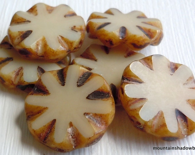 6 Czech Picasso Bead - Czech Glass Beads 14mm Coin Opaque Beige Picasso Beads (BX 12 - 27)