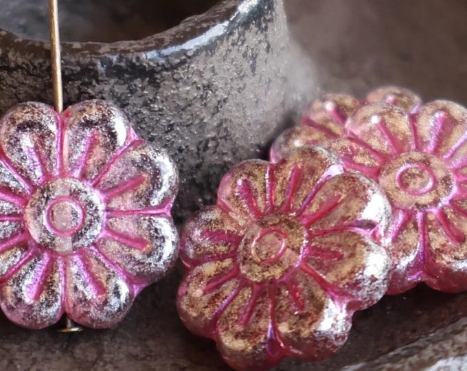 4 Czech Glass Flower Bead - 16mm Large Flower Bead - Silvered Pink Picasso