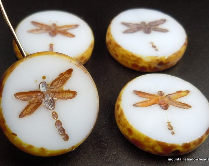 Dragonfly Bead - 17mm Czech Glass Beads - Opaque White Picasso 4 pcs (BX 9 - 30)