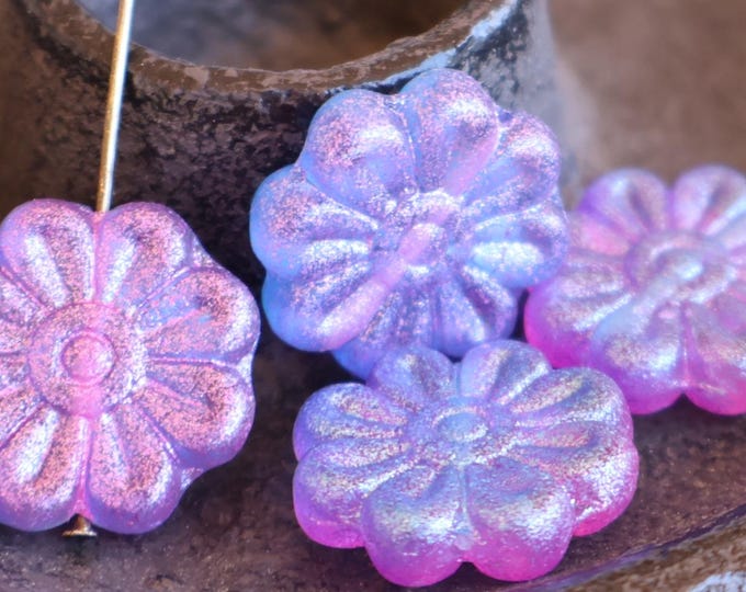 4 Czech Glass Flower Bead - 18mm Large Flower Bead - Metallic Iridescent Lavender Picasso