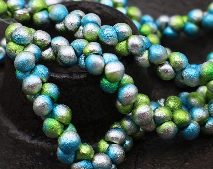 Czech Glass Mushroom Bead - Lime/Aqua Metallic Stone Finish