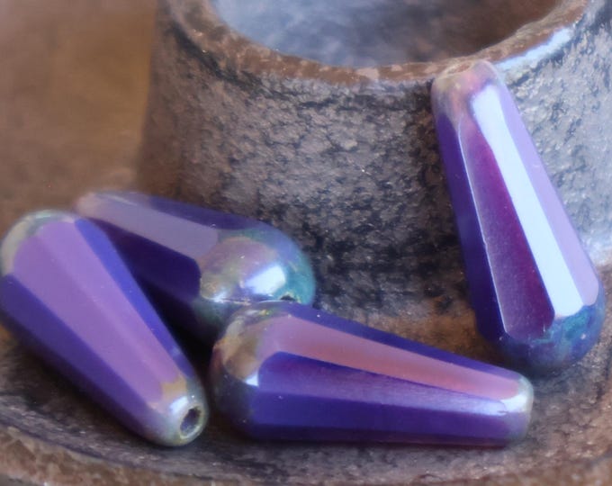 4 Czech Glass Beads - Tear Drop Beads Milky Purple Picasso Faceted 20mm Drop