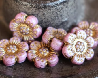 6 Czech Glass Flower Bead - 14mm Wild Rose Bead - Pink Bronze Picasso 12 - 9