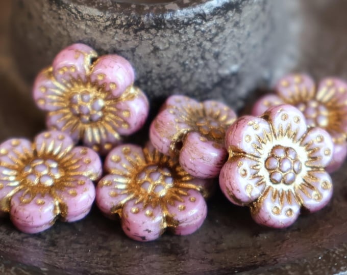 6 Czech Glass Flower Bead - 14mm Wild Rose Bead - Pink Bronze Picasso 12 - 9