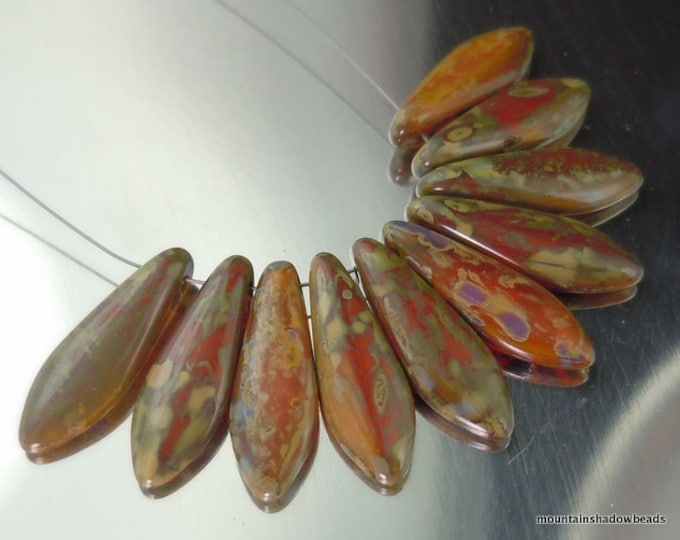 10 Czech Glass Beads - 5x16mm Opal Orange Picasso Daggers (BX 9 - 29)