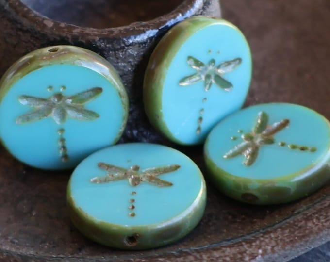 Dragonfly Bead - 17mm Czech Glass Beads - Opaque Green Turquoise Picasso - Table Cut Bead - 4 pcs (BX 11 - 24)
