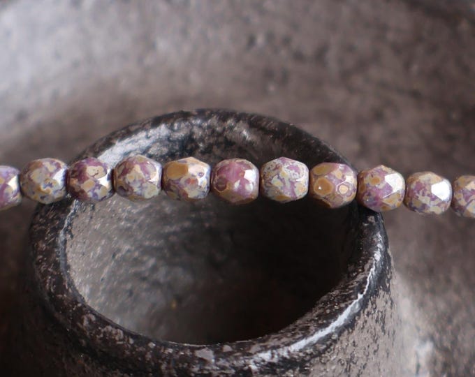 Opaque Purple Silver Full Picasso 4mm Czech Beads -  Firepolished Faceted 50 pcs