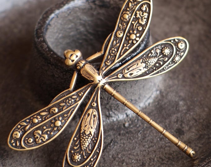 Brass Dragonfly 50x39mm Antique Brass - Without Loop - Made in USA