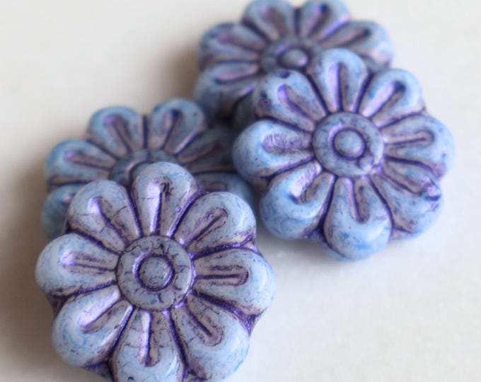 4 Czech Glass Flower Bead - 18mm Large Flower Bead - Periwinkle Bloom Lavender Picasso