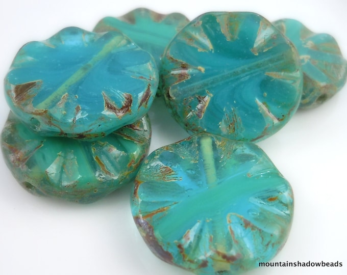 18mm X-Large Coin Bead Caribbean Blue Picasso Czech Glass Beads 4 pcs (BX 12 - 7)