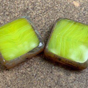 Czech Glass Beads 18mm X-Large Square Milky Lime Picasso 2 Beads BX 7 28 image 2