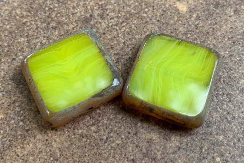 Czech Glass Beads 18mm X-Large Square Milky Lime Picasso 2 Beads BX 7 28 image 2