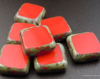 Picasso Czech Glass Beads 10mm Square Opaque Red Picasso 6 BX 8 - 26