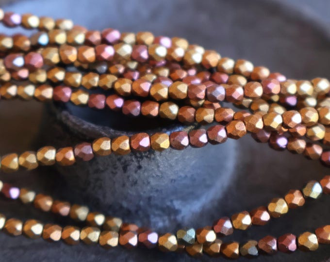 Bronze Glass Beads 3mm Czech Beads - Matte Metallic Bronze Iris Firepolished Faceted 50 pcs